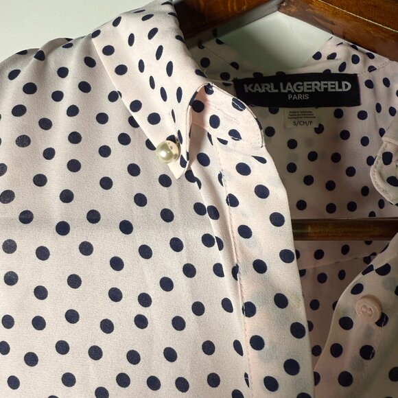 KARL LAGERFELD PARIS Sleeveless Pink & Black Polka Dot Top Sz Small - Picture 4 of 10